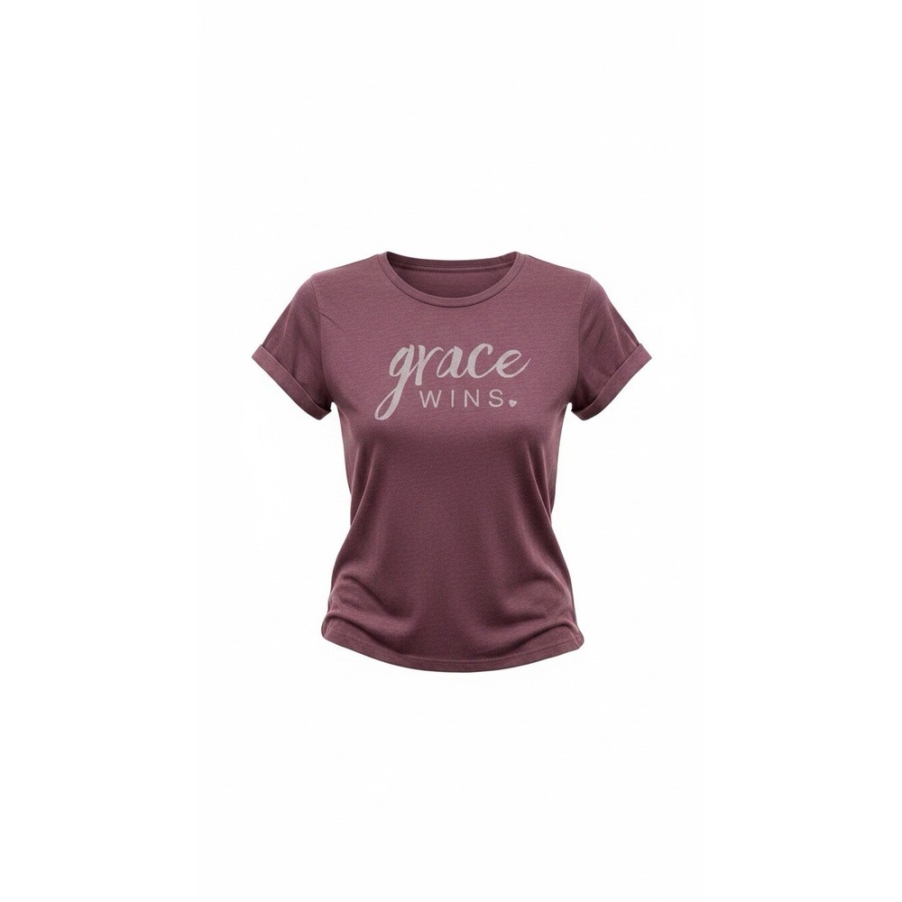 Grace Wins Women's T-Shirt Size L Mauve Purple Christian Faith Graphic Tee